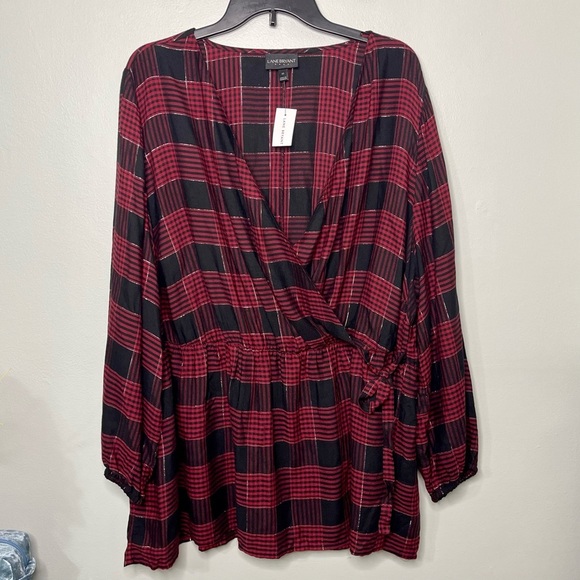 Lane Bryant Red Metallic Plaid Wrap Blouse Size 22 Nwt - Picture 10 of 13